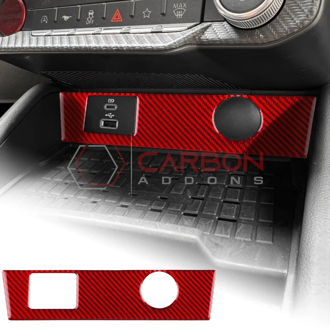 Real Carbon Fiber USB & 12V Outlet Trim Overlay for 2024+ Ford Mustang