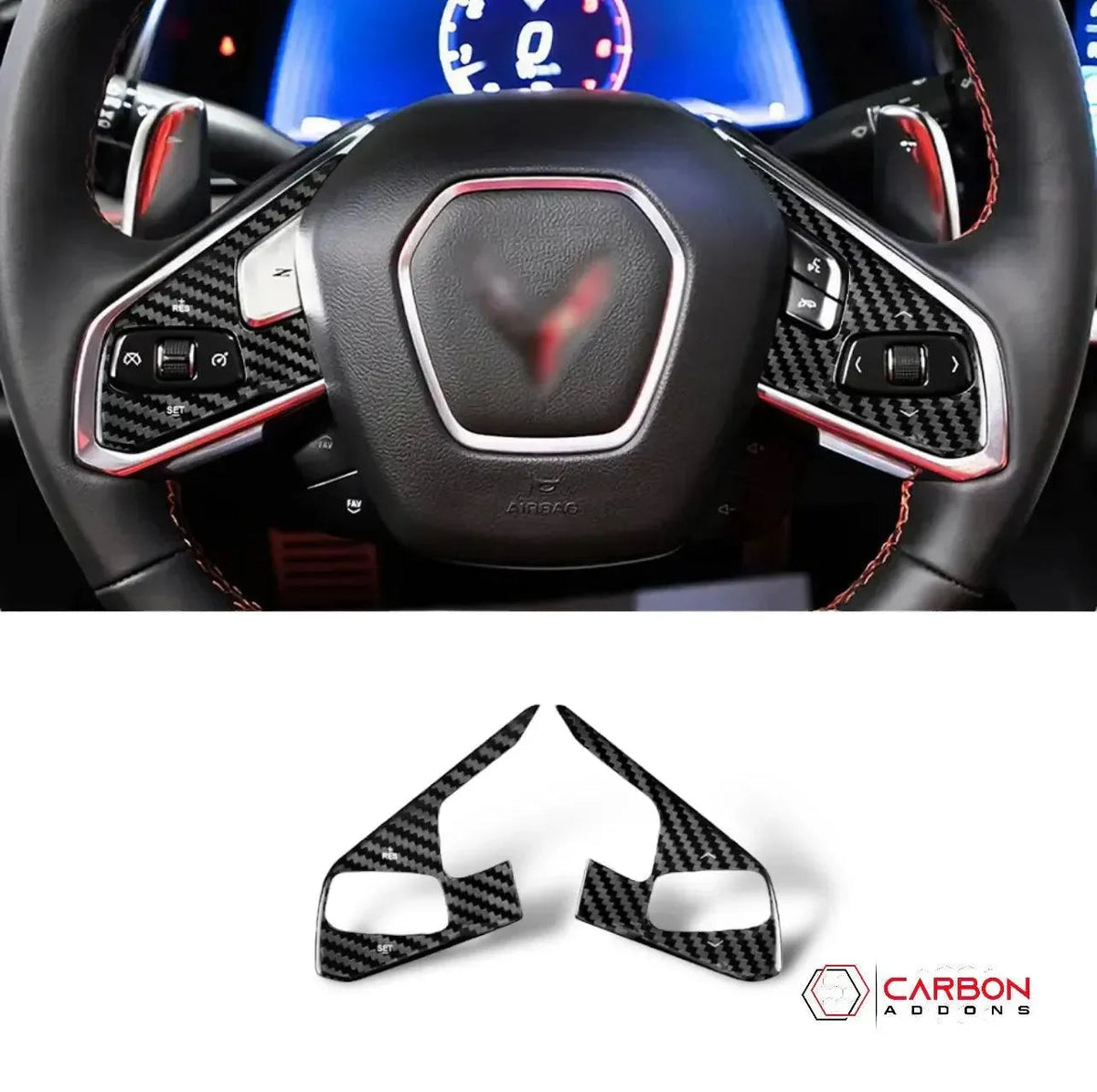 C8 Corvette Real Carbon Fiber Steering Wheel Button Trim Covers | Interior Upgrade (2020–2027)