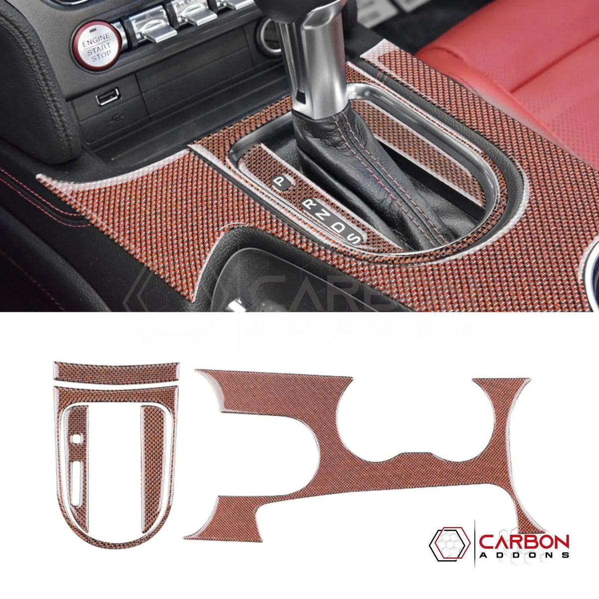 Reflective Carbon Fiber Center Console Overlay for 2015–2023 Ford Mustang