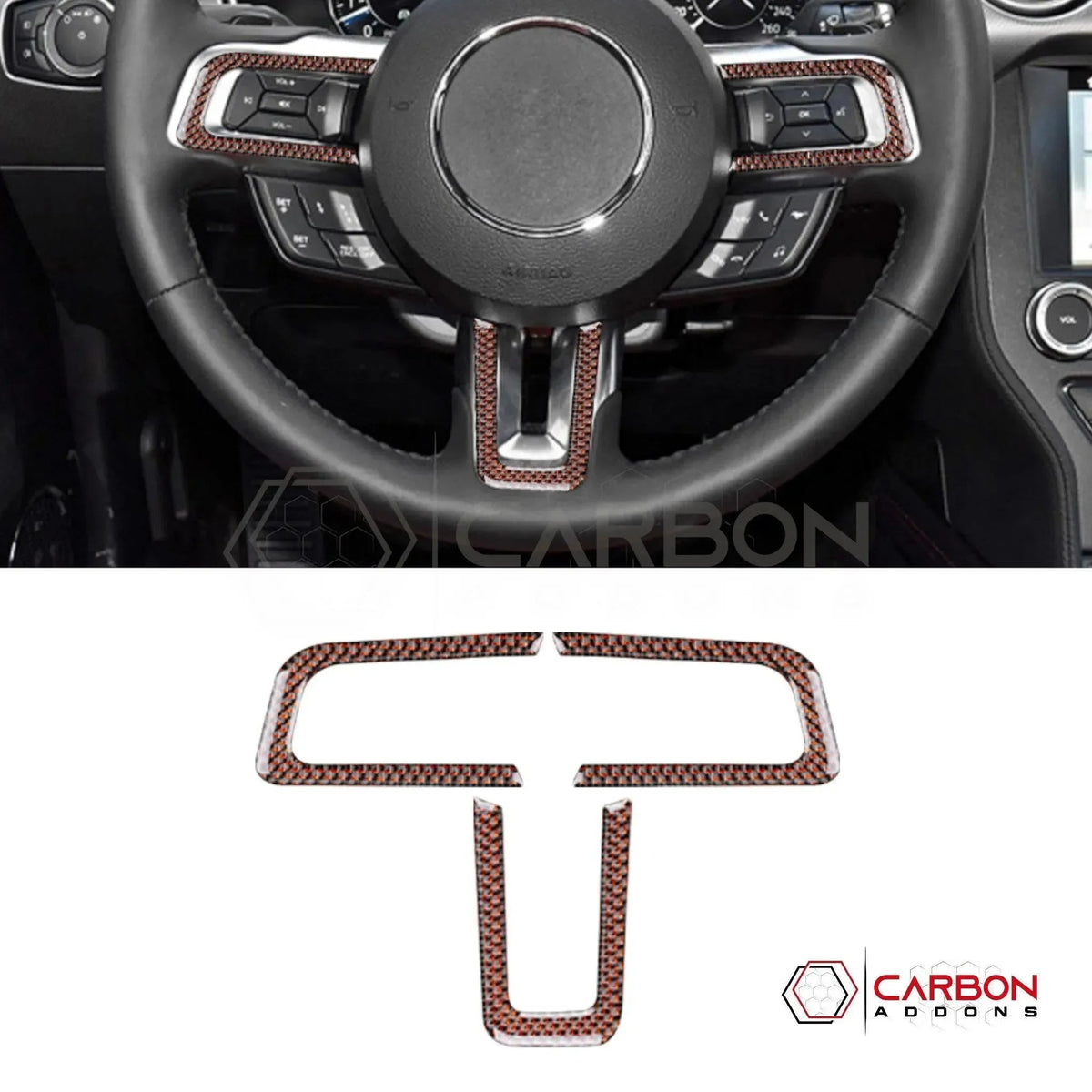 Reflective Carbon Fiber Steering Wheel Chrome Trim Overlay for 2015–2023 Ford Mustang