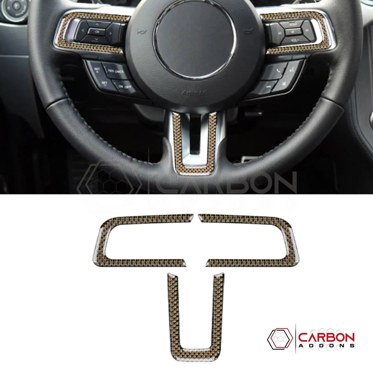 Reflective Carbon Fiber Steering Wheel Chrome Trim Overlay for 2015–2023 Ford Mustang