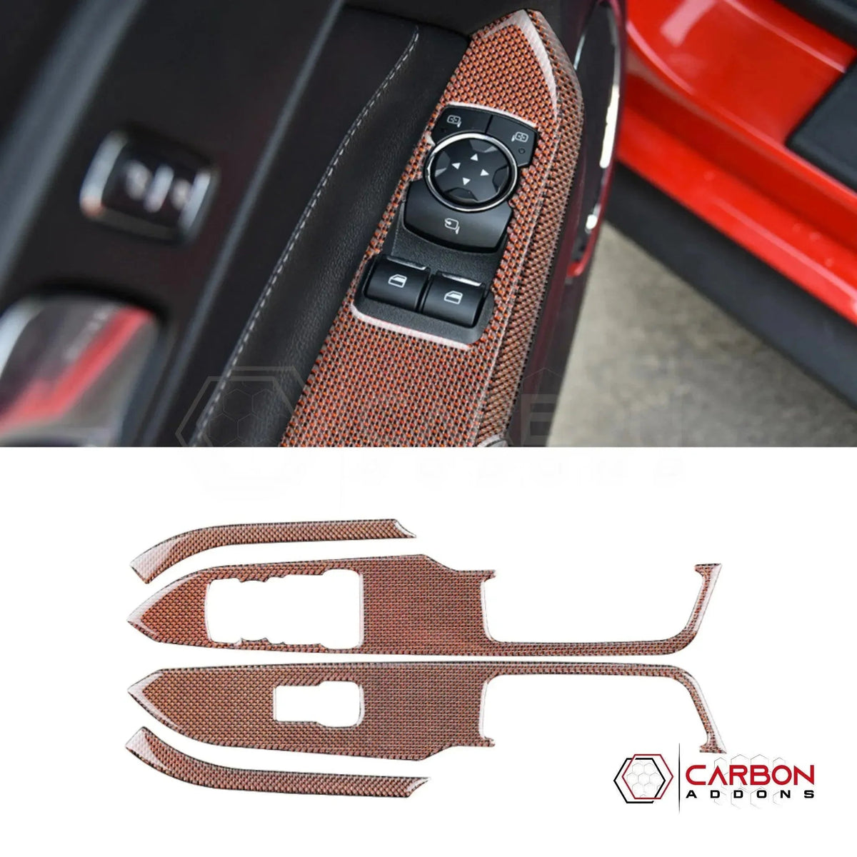 Reflective Carbon Fiber Window Switch Trim Overlay for 2015–2023 Ford Mustang