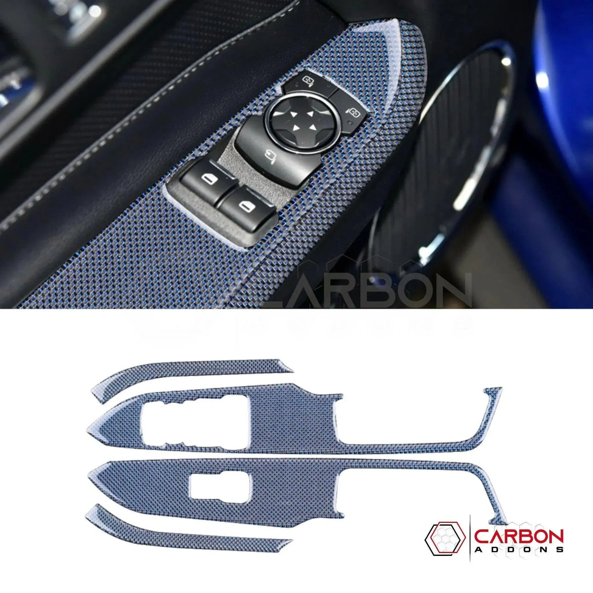 Reflective Carbon Fiber Window Switch Trim Overlay for 2015–2023 Ford Mustang