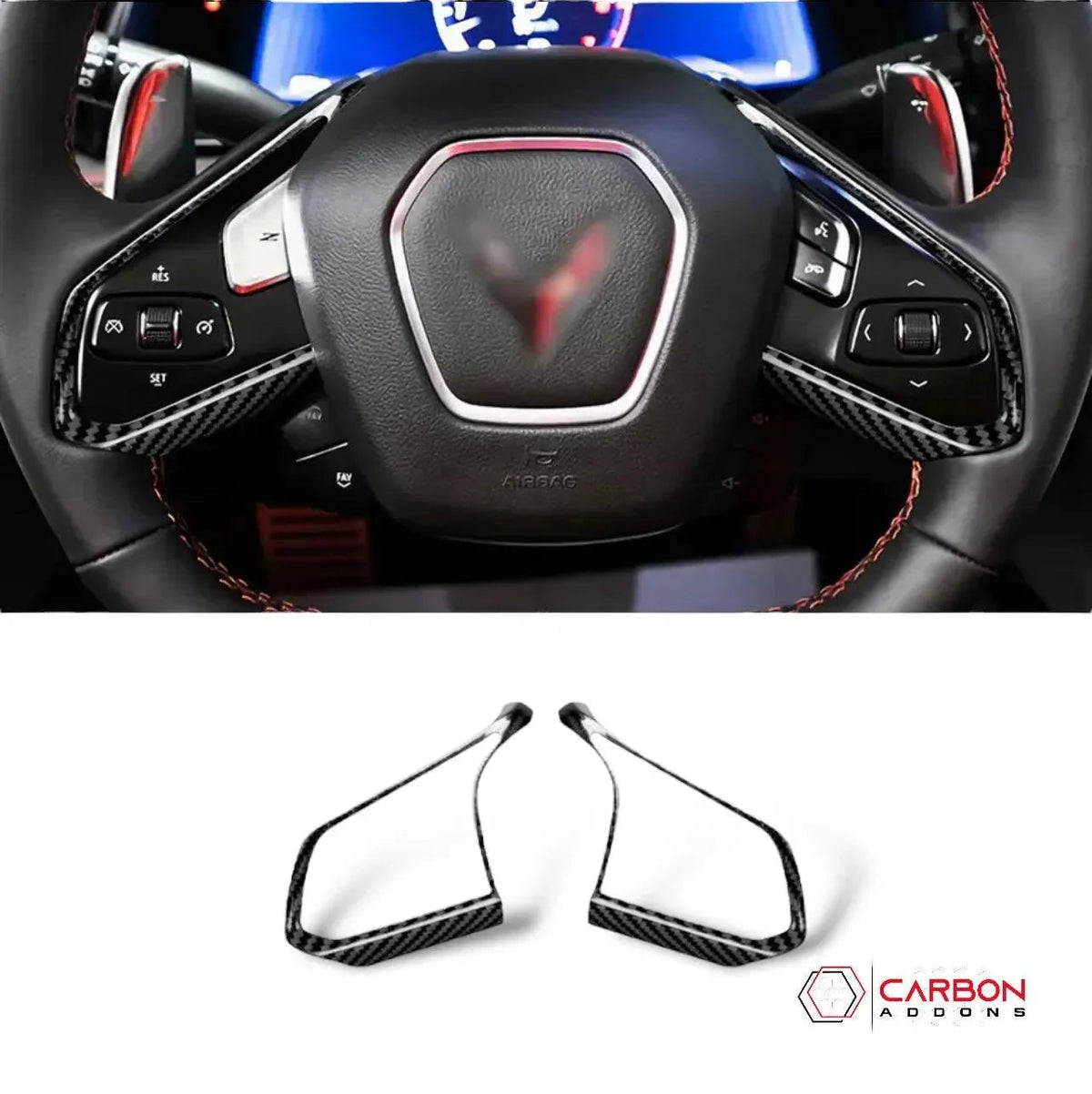 C8 Corvette Real Carbon Fiber Steering Wheel Chrome Trim Delete Covers | Interior Upgrade (2020–2027)