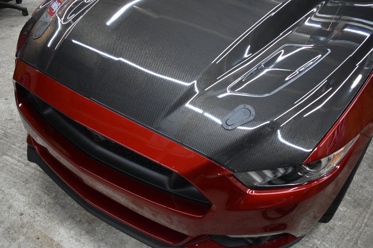 Type-CJ double sided carbon fiber cowl hood for 2015-2017 Ford Mustang