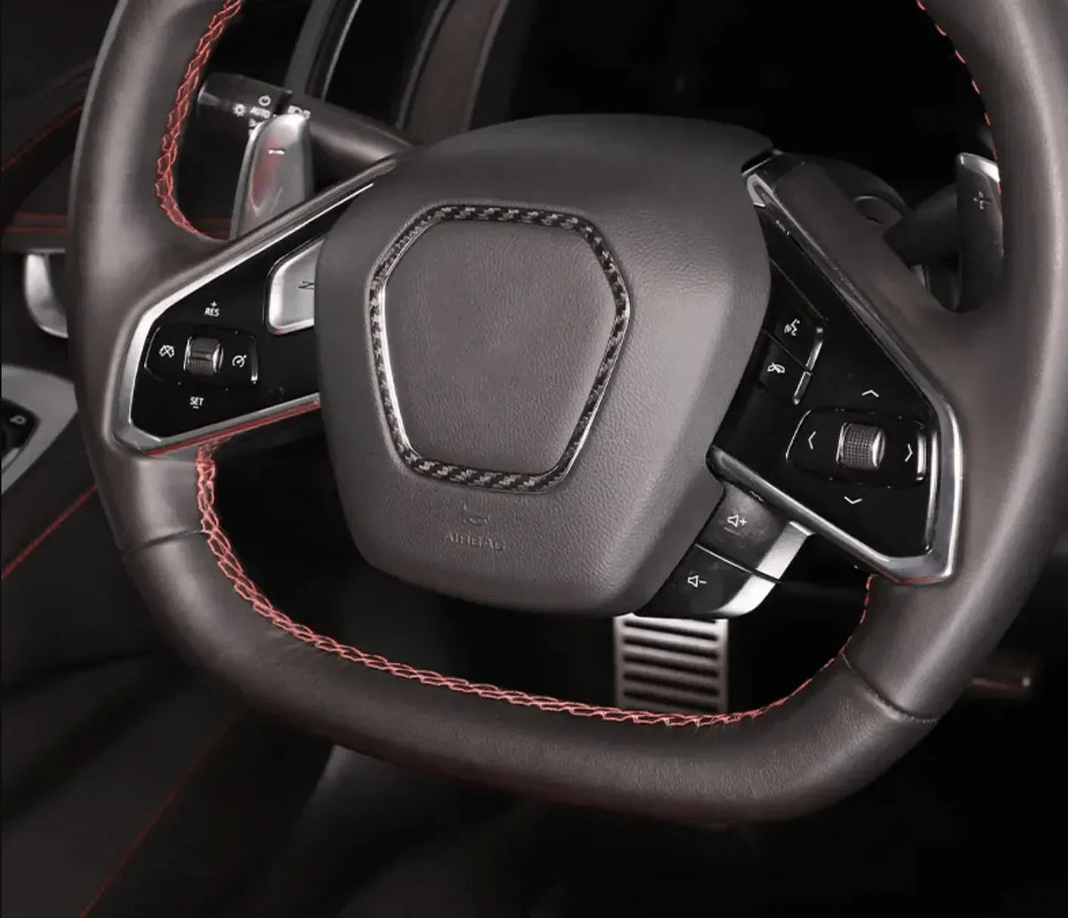 C8 Corvette Real Carbon Fiber Steering Wheel Airbag Chrome Delete Trim Cover | Interior Upgrade (2020–2026)