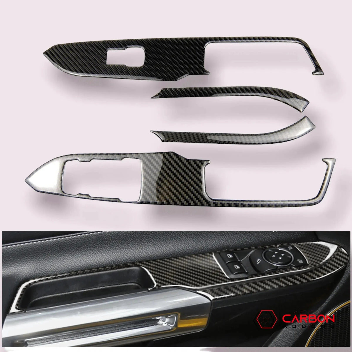 Carbon Fiber Window Control Panel Trim Overlay for Mustang 2015-2023