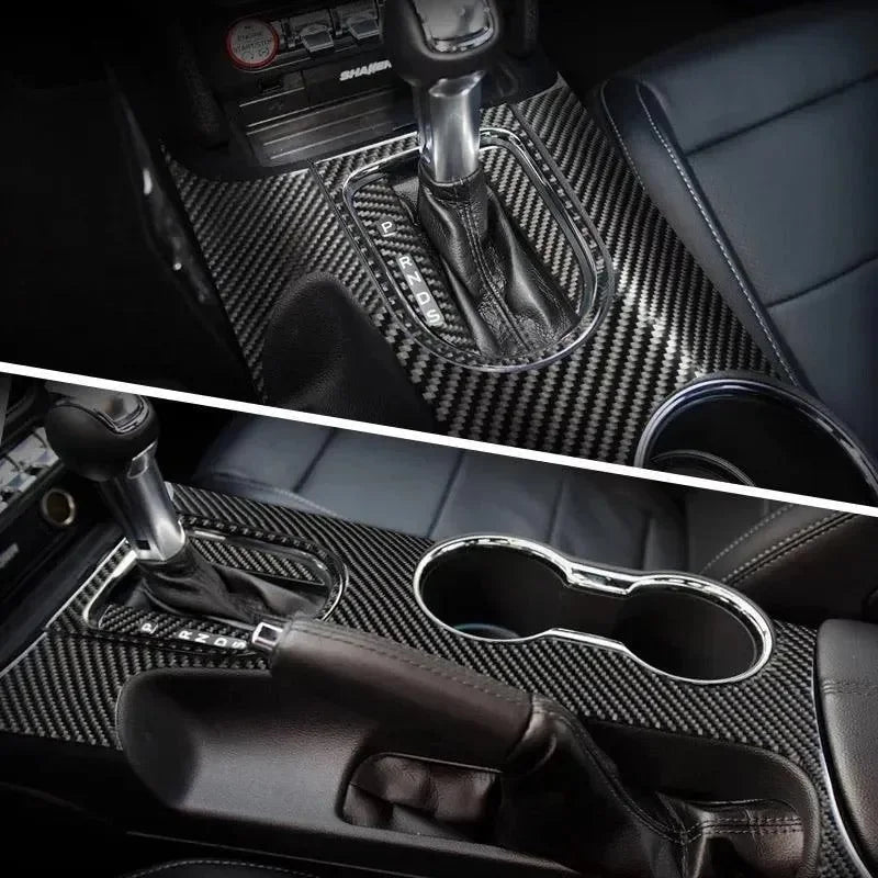Real Carbon Fiber Center Console & Gear Shift Bezel Trim Overlay for Mustang 2015-2023
